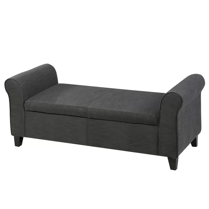 Image of 2 Seater Storage Ottoman Bench with Rolled Arms | Upholstered Fabric Sofa Bench with Hidden Storage | Bedroom Living Room Entryway Seating | Modern Lounge Bench Footrest End of Bed Seat | Grey