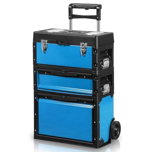 Auto Dynasty 3-Tier Stackable Tool Box, 19.5 Inch 3-in-1 Rolling Tool Box with Wheels, Portable Steel and Plastic Rolling Upright Trolley Toolbox Organizer for Garage Workshop, 3-Piece Set, Blue