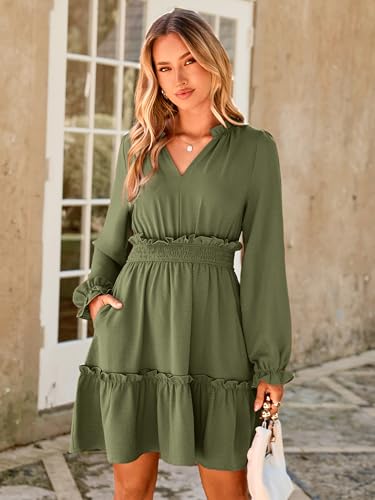 BerryGo Womens Long Sleeve Mini Dress Casual Ruffle Fashion V Neck High Waist A Line Flowy Boho Short Fall Dresses2