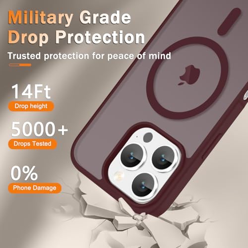 Image of YENAPOON for iPhone 16 Pro Max Case, Matte Magnetic Phone Cover [with 1 Screen Protector] [Support for MagSafe] [Shockproof Military Grade Protection] Translucent Frosted Back, Wine Red