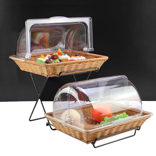 Aidour HM ブレッドバスケット 蓋付き パン屋 籐バスケット 大 かご 角 パンケースラタン 2段 食洗機対応 パン/お菓子/果物/クッキー収納 業務用 家庭用 パーティー ビュッフェ用 (カレー色)