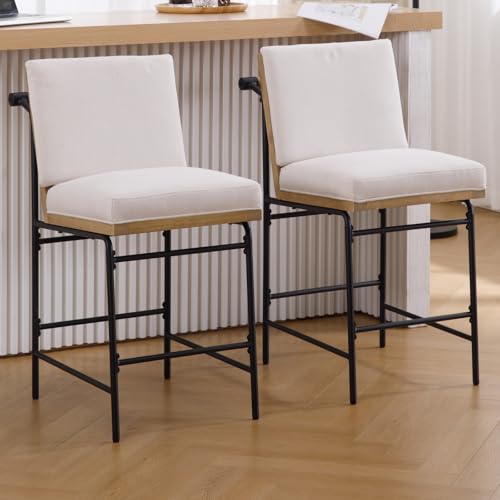 Butacos DUOMAY estilo mid century modern, altura de asiento 26", color beige lino, juego de 2 unidades, con estructura metálica negra y asiento tapizado en lino miniatura 1