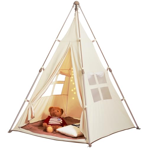 VEVOR Tienda de Campaña para Niños Tienda Tipi para Niños de 1 a 5 Años Tienda de Campaña Plegable para Niños con Alfombra y Bolas de Transporte con Ventanas para Interior y Exterior, Color Beige