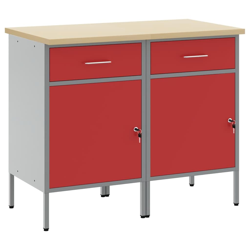 Mobile da lavoro, 2 pezzi, rosso e grigio, 100 x 55 x 85 cm, banco da lavoro, garage, tavolo da lavoro, fai da te, per officina, capannone, casa -B