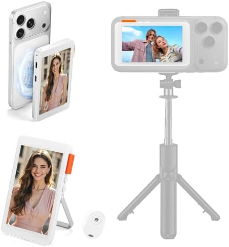 Vlog Selfie Monitor Screen for iPhone & Android, 2300mAh Selfie Monitor Screen with Bluetooth Remote, Speaker, 3-Level Brightness, Bracket, 4K Wireless & Wired Recording for YouTube & TikTok