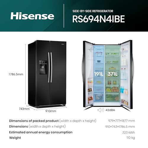 Hisense RS694N4IBF Freestanding Side-by-Side Door American Fridge Freezer 562L 91 x 178.6 x 74.3 cm (W x H x D), Black, Varnished Door Hisense RS694N4IBF Freestanding Side-by-Side Door American Fridge Freezer 562L 91 x 178.6 x 74.3 cm (W x H x D), Black, Varnished Door