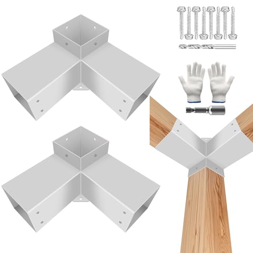 Image of 3-Way Pergola Bracket Kit,DIY Right Angle Corner Woodwork Brackets for 4 inchx4 inch (Actual:3.5 inchx3.5 inch) Lumber,White Pavilion Gazebo Brackets for Patio Pergolas,Prochs,Log Cabin W /Hardware - 2Pack