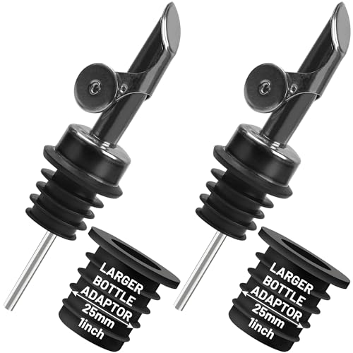Liquor Pour Spout for Bottles, Hygienic Quick Bottle Pourer with 2 Adapters for Large Neck Bottles, Auto-Open/Close, for Alcohol, Olive Oil, Juices and Syrups, Black, 2 Pack