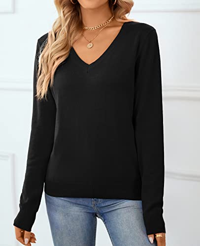 Qualfort Women's 100% Cotton Sweater V Neck Long Sleeve Knitted Sweaters Black Small #TOP3