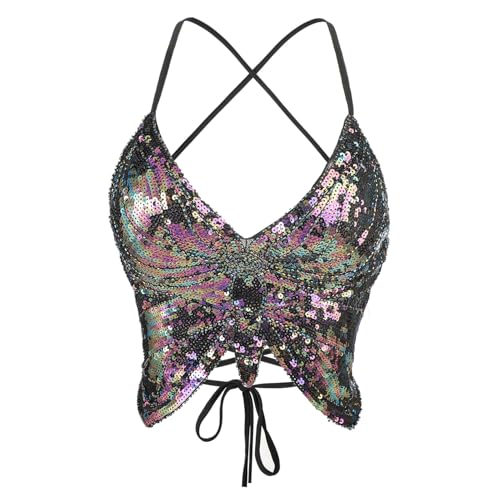 TCNGKIJIUK Haut Court Papillon à Paillettes pour Femme Haut de Crop Top Scintillant Soutien-Gorge...