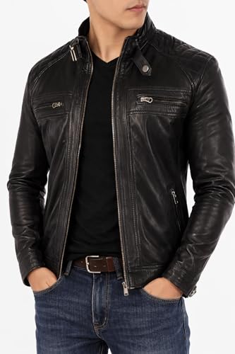 Image of Genuine Leather Men's cafe racer jacket Sheepskin Stand Collar Trucker real leather Jacket