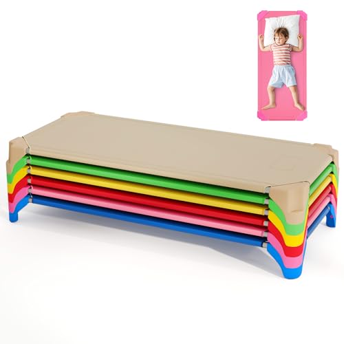 Giantex Stackable Daycare Cots for Sleeping 53 L x 24 W Portable Nap Cots for Kids and Toddlers w/Easy Lift Corners Space-Saving Toddler Bed for Preschool Classroom Pet Daycare Pack of 6 Multi