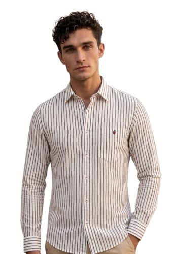 Image of Louis Philippe Men's Slim Fit Signature Oxford Easy Care, Natural Stretch Full Sleeve Stripe Casual Shirt