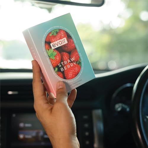 Image of Evair Strawberry Car Air Freshener | Hanging Car Perfume | Premium Car Fresheners | Car Aroma with Essential Oils| Hanging Perfume for Car in Glass Bottle with Wooden Diffuser Lid (10ml, Pack of 1)