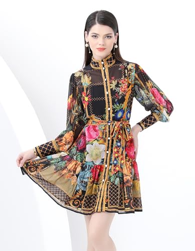 Image of LAI MENG FIVE CATS Women's Floral Print Lantern Sleeve Ruffle Casual Button Belted Thin Loose Fit Mini Dress