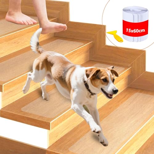 ROEOWENE 15PCS Alfombrillas Antideslizantes de Escalera Transparente Alfombras Peldaños de Escalera Madera Cinta Antideslizante Seguridad Tiras Antideslizantes Autoadhesivas para Suelo,Baldosas-15x60