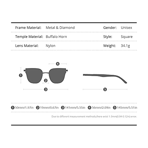 HEPIDEM 100% Really Buffalo Horn Handmade Sun Glasses for Women,Square Rimless Luxury Buffs Sunglasses With Diamonds3