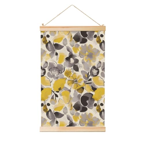 Poster fleur jaune et grise en bois suspendu vintage pour salon 61x91 cm