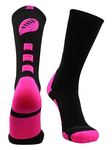 MadSportsStuff Made in USA Football Socks - Youth & Adult Crew for Flag or Tackle - Black/Neon Pink Medium - Moisture Wicking Compression