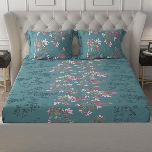 Image of Cloth Fusion Cotton Feel Elastic Fitted Bedsheet King Size, 2 Pillow Covers | Glace cotton 186 TC, 78 x 72 inches, fits up to 8 inch mattress, soft, breathable, wrinkle-resistant, machine wash, teal