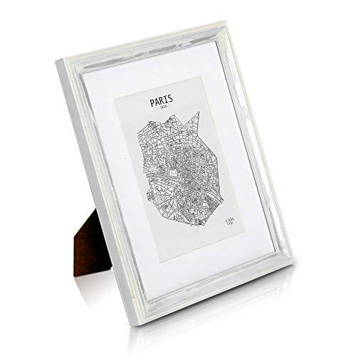 Marco de Fotos Vintage 20 x 25 cm con Paspartú para Foto de 13 x 18 cm - Shabby Chic Originales - Madera de Pino - 1 Marco - Anchura del Marco 2 cm - Frente de Cristal Templado - Color Plata y Blanco