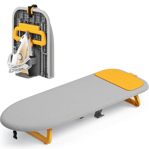 KINGBOARD Tabletop Ironing Board, Small Ironing Board with Iron Holder, Foldable Mini Iron Board, Easy Storage for Travel & Dorm, 12x32 Grey