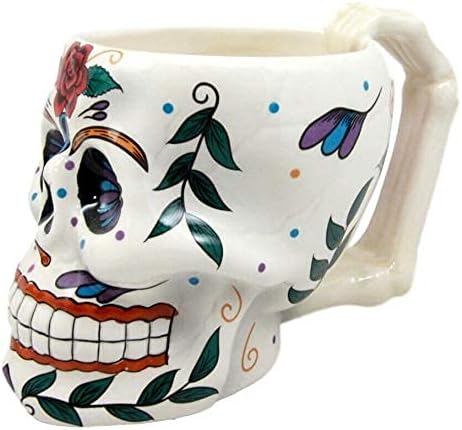 Miniatura 5 de Ebros Gift Colorido Día de los Muertos - Taza con forma de cráneo de azúcar floral con mango de hueso, taza de cerámica de porcelana de 4.5 pulgadas