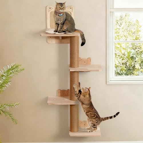 LitaiL Wandkratzbaum für Katzen bis 20KG, Vier stöckig, 110 cm hoch, Kratzbaum Wandmontage aus Massivholz, Kletterwand Katze mit 3 Plattformen,...