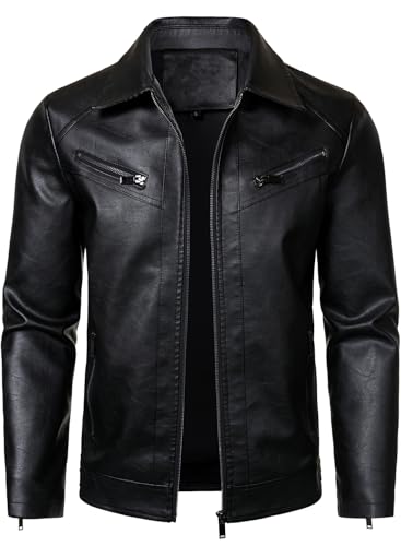 HOOD CREW Mens PU Leather Jacket Classic Style Turn Down Collar Faux Leather Biker Jackets Black M