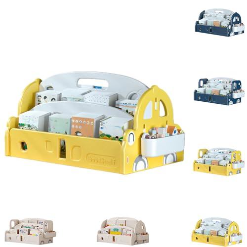 EHHE絵本棚 おもちゃ収納ボックス 仕切り取り外し可能 大容量 整理整頓 お部屋をすっきり スリム 小物収納 電車デザイン シンプルでかわいい 入学・入園のプレゼントに最適 (ビビッドイエロー,両面)