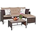 Tangkula Patio Corner Sofa Set 3 Piece, Outdoor Rattan Sofa Set, Includes Lounge Chaise, Loveseat & Coffee Table, Patio Garden Poolside Lawn Backyard Furniture