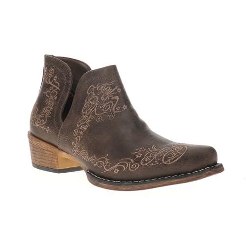 ROPER Womens Ava Scroll Embroidered Snip Toe Casual Boots Ankle Low Heel 1-2" - Brown2