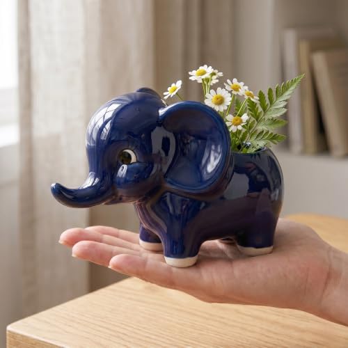 Image of High-Gloss Ceramic Elephant Flower Pot (Set of 2, Blue) | Decorative Succulent Planter & Indoor Vase for Home Decor, Office Desk, and Gifting | Cute Animal Shaped Plant Container