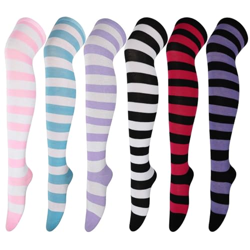 Image of DRESHOW 6 Pairs High Thigh Socks Striped Over Knee Thin Tights Long Stocking for Women Leg Warmer