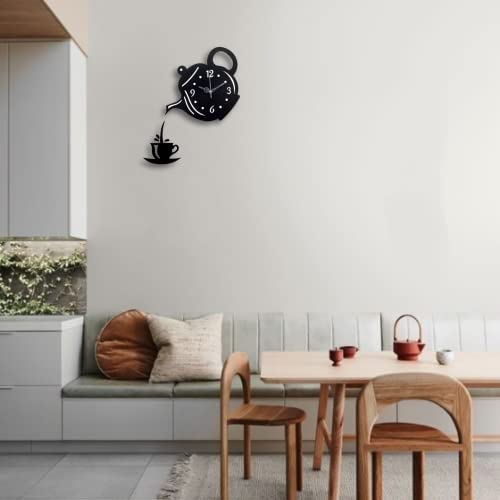Image of Designer Wooden Wall Clock | Unique Teapot Shape Wall Clock for Home, Kitchen, Living Room & Office | Decorative Modern Acrylic Wall Clock (Black)