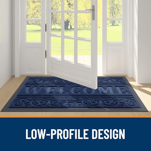 Image of OLANLY Welcome Door Mat Indoor Outdoor Entrance, Heavy Duty Sturdy Front Door Mat, Waterproof All-Weather Doormat, Stain Resistant, Low Profile, Easy Clean Patio Entryway Mat, 29.5 x 17, Navy Blue