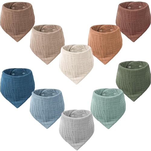 Image of Konssy Muslin Baby Bibs 10 Pack Baby Bandana Drool Bibs 100% Cotton for Unisex Boys and Girls, Soft Absorbent Set for Teething and Drooling