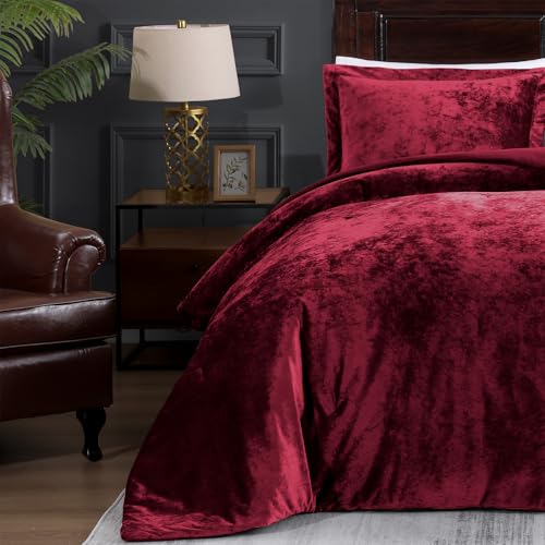 TAMGHO Red Queen Velvet Comforter Set, Plush Crushed Velvet Bedding, Ultra Soft Luxury Fluffy 3pc Set Includes 1 Comforter (92"x96") and 2 Pillow Shams (20"x26"+2")