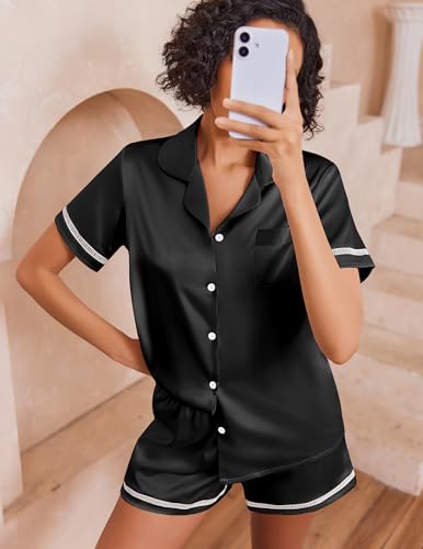 Image of Ekouaer Womens Silk Pajama Sets Button Up Satin Pjs Short Sleeve 2 Piece Pj Sets Cute Lounge Sets with Chest Pocket