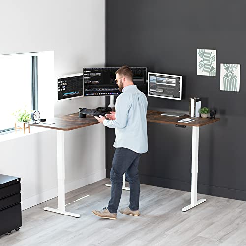 Image of VIVO Electric Height Adjustable 71 x 71 inch Curved Corner Stand Up Desk, Rustic Vintage Brown Table Top, White Frame, Memory Controller, L-Shaped Workstation, E3C Series, DESK-KIT-E3CWN
