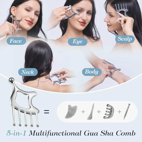 Gua Sha Tool with Handle,5in1 Scalp Massage Tool for Head&Face&Body, Protable Scalp Comb Guasha for Deep Relaxation and Relieving Pain, Acupressure and Trigger Point Tool for SPA - Image 4