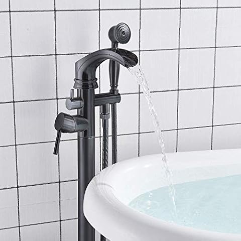 Senlesen Matte Black Bathroom Single Handle Freestanding Bathtub Faucet Floor Mounted Waterfall Tub Filler with Hand Shower Set Cover