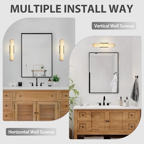 Image of Alabaster Wall Sconce, 20 inch Black Natural Marble Wall Sconces, Dimmable Hardwired Stone Sconces, Modern Tube Wall Sconce for Luxury Bathroom, Bedroom, Hallway, Living Room, Entryway, 1PC