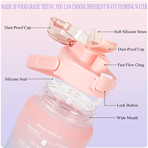 UeKeKicg 2 Litre Water Bottle, 64ozHalf Gallon Water Bottle with Time Marker/Straw/Chug One Lids - Image 3