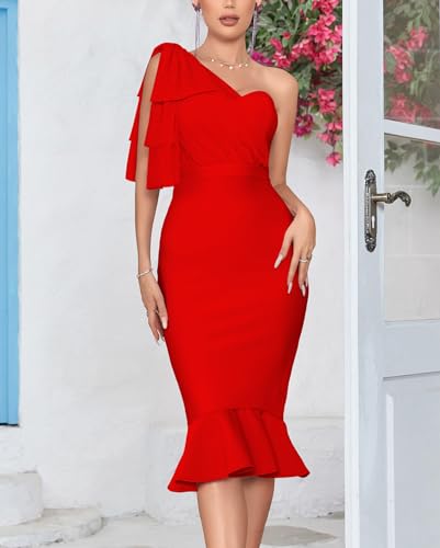 Image of houstil Women's One Shoulder Fishtail Wedding Guest Bandage Dress Mesh Midi Graduation Bodycon Party Club Dresses
