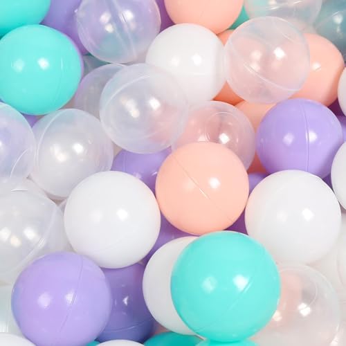 Image of TRENDBOX Ball Pit Balls 100 - Macaron Colors Balls for Ball Pit, Play Tent Baby Playhouse Pool Birthday Party Decoration (K-Blue, Purple, Pink,White&Clear)