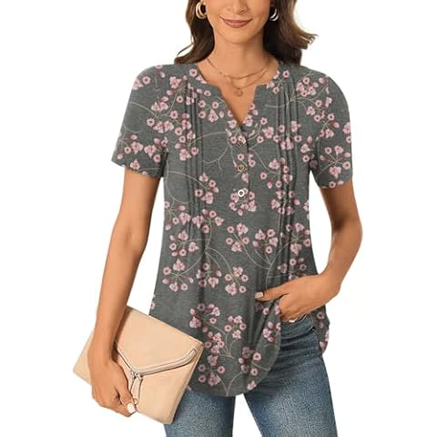 Bestbee Women's Plus Size Short Sleeve Button-Down Shirts V Neck Tunic Tops 2024 Summer Tops Casual T-Shirts Dressy Blouses, XL, Fl Gypsophila BK Cover