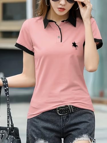 Image of GLASGO Pure Cotton Regular Fit Plain Solid Classic Polo Collar Half Sleeve T-Shirt for Women (Colors: Black, Brown, Peach, Pink)