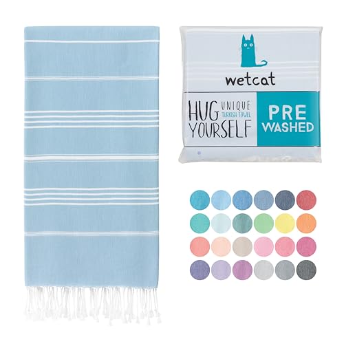 Image of WETCAT Turkish Beach Towel Oversized (38"x71") 100% Turkish Cotton, Made in Turkey - Sand Free, Extra Large, Ultra Soft, Quick Drying, Compact & Lightweight for Travel - Light Blue