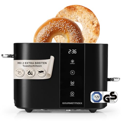 GOURMETmaxx Toaster Kurzschlitz für 2-Scheiben | Schwarzer Toaströster mit 6 Bräunungsgraden und Ready-2-eat-Countdown | Elektrisches Küchengerät mit Touchdisplay, Brötchenaufsatz & Aufwärmfunktion